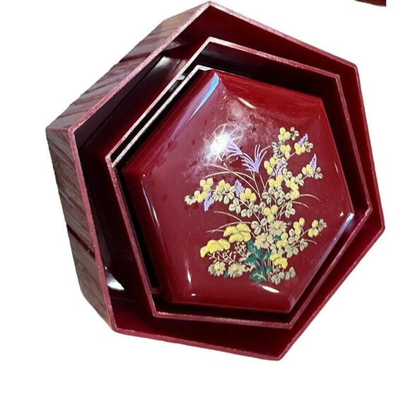 Vintage Floral Nesting Trinket Boxes Set of 3 Hexagon Hong Kong Lacquer Keepsake - Picture 5 of 5